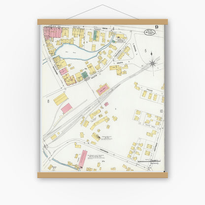 Old map wall art mockup — magnetic wood frame on white wall — Sanborn Fire Insurance Map from Athol, Worcester County, Massachusetts (1905), Sheet #0009