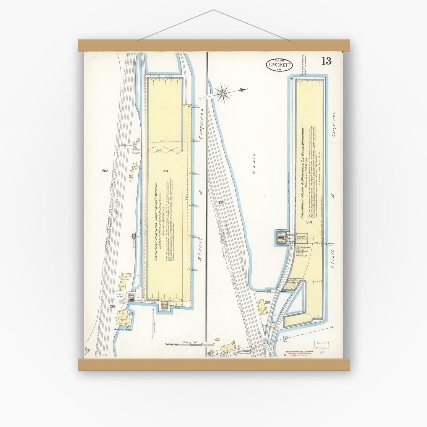 Old map wall art mockup — magnetic wood frame on white wall — Sanborn Fire Insurance Map from Crockett, Contra Costa County, California (1899), Sheet #0013