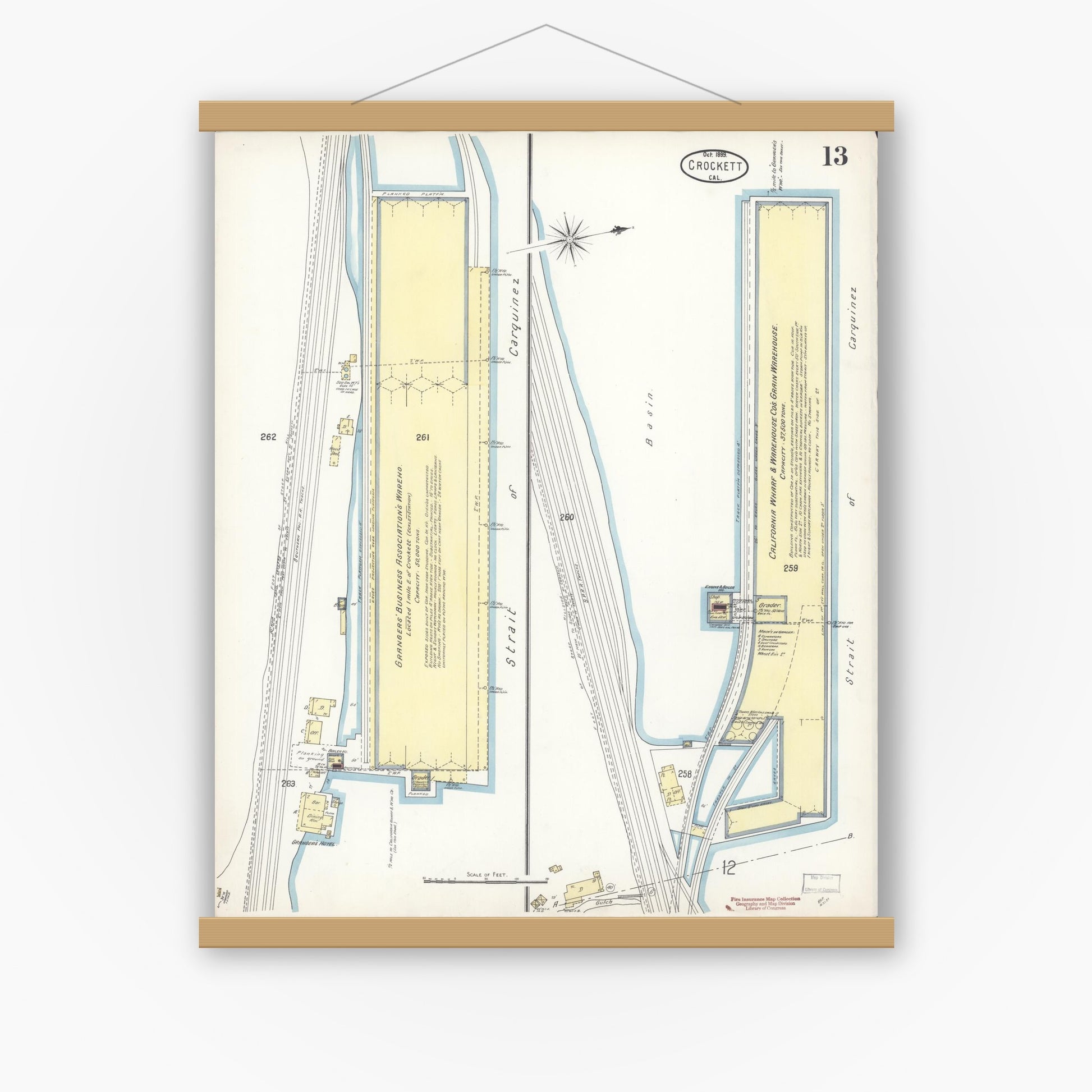 Old map wall art mockup — magnetic wood frame on white wall — Sanborn Fire Insurance Map from Crockett, Contra Costa County, California (1899), Sheet #0013