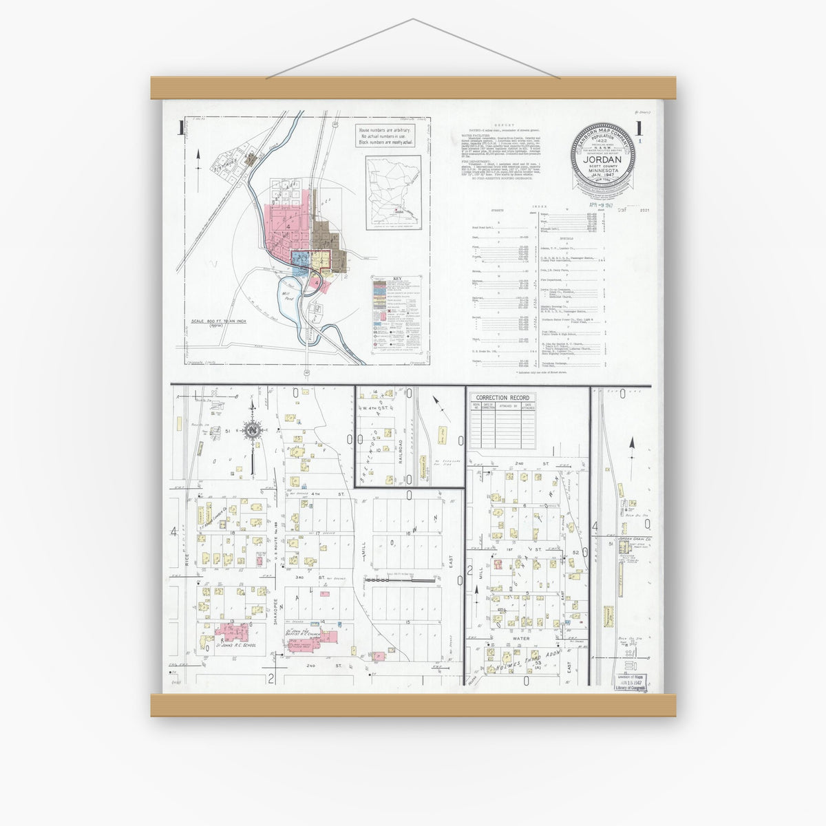Old map wall art mockup — magnetic wood frame on white wall — Sanborn Fire Insurance Map from Jordan, Scott County, Minnesota (1947), Sheet #0001
