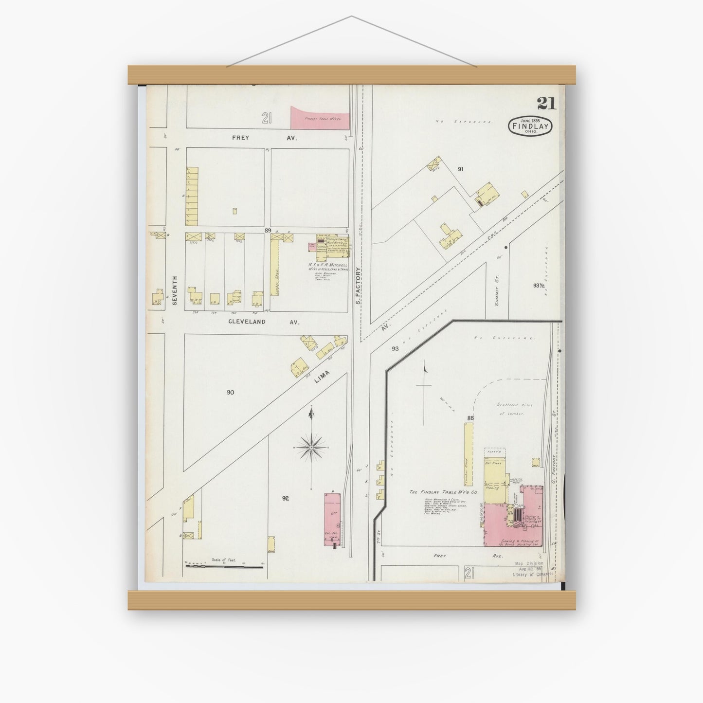 Old map wall art mockup — magnetic wood frame on white wall — Sanborn Fire Insurance Map from Findlay, Hancock County, Ohio (1895), Sheet #0021