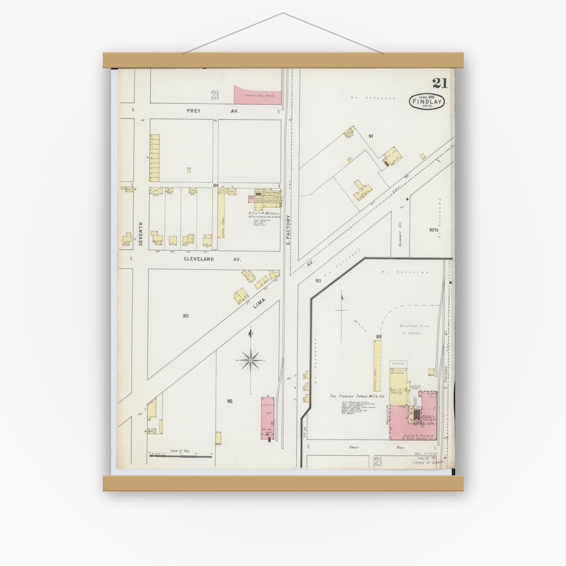 Old map wall art mockup — magnetic wood frame on white wall — Sanborn Fire Insurance Map from Findlay, Hancock County, Ohio (1895), Sheet #0021