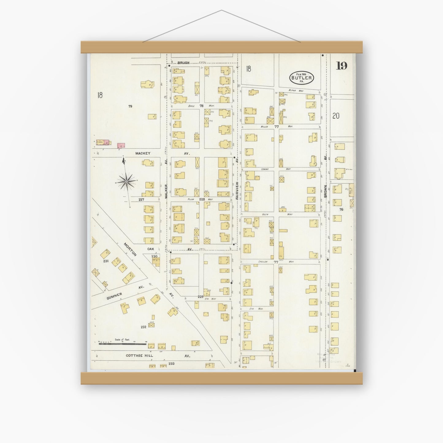 Old map wall art mockup — magnetic wood frame on white wall — Sanborn Fire Insurance Map from Butler, Butler County, Pennsylvania (1906), Sheet #0019