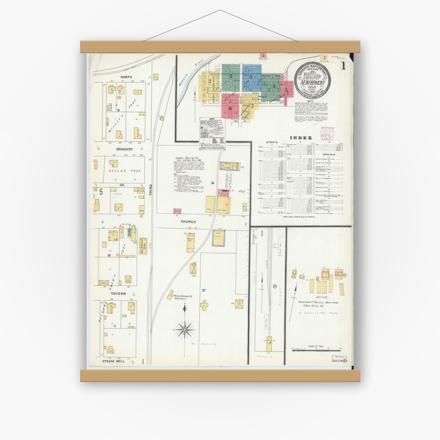 Old map wall art mockup — magnetic wood frame on white wall — Sanborn Fire Insurance Map from New Harmony, Posey County, Indiana (1907), Sheet #0001