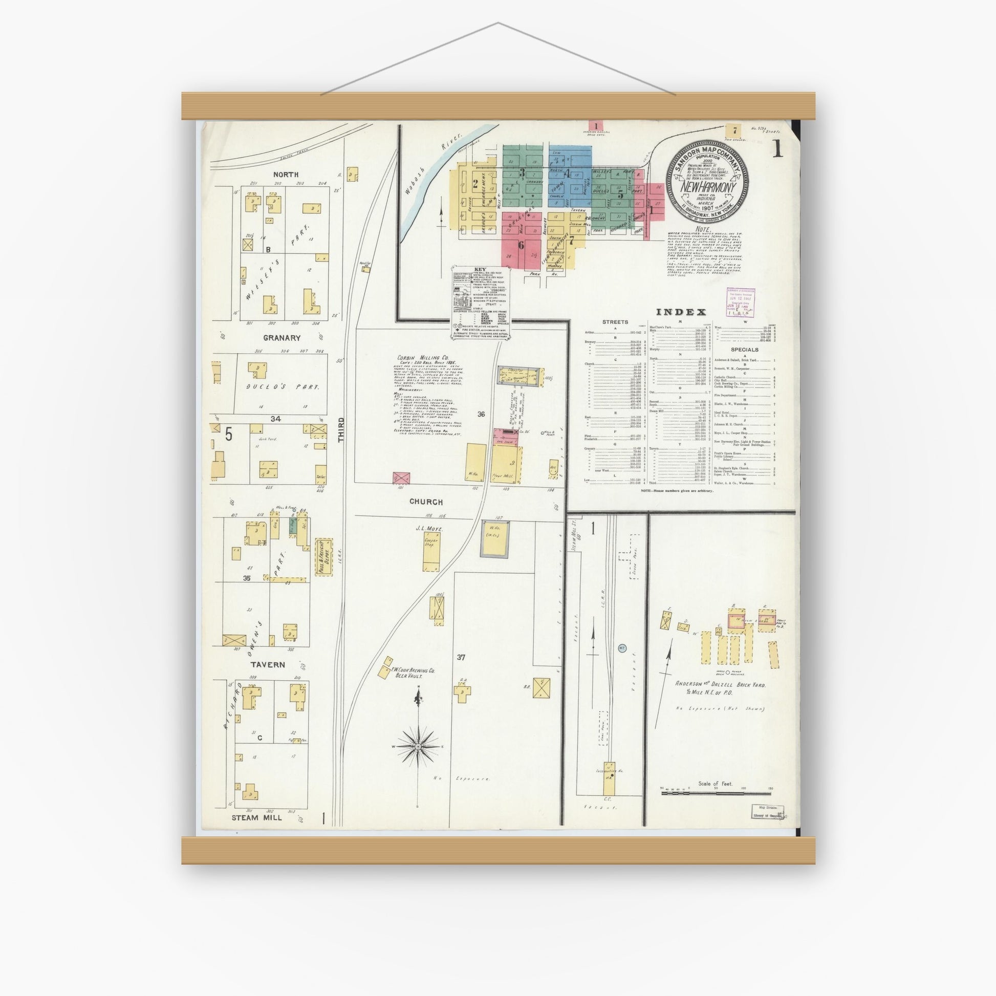 Old map wall art mockup — magnetic wood frame on white wall — Sanborn Fire Insurance Map from New Harmony, Posey County, Indiana (1907), Sheet #0001