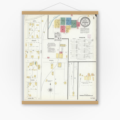 Old map wall art mockup — magnetic wood frame on white wall — Sanborn Fire Insurance Map from New Harmony, Posey County, Indiana (1907), Sheet #0001