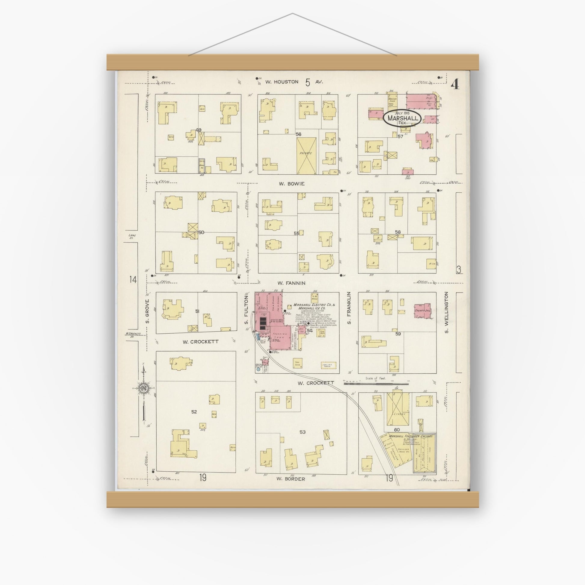 Old map wall art mockup — magnetic wood frame on white wall — Sanborn Fire Insurance Map from Marshall, Harrison County, Texas (1915), Sheet #0004