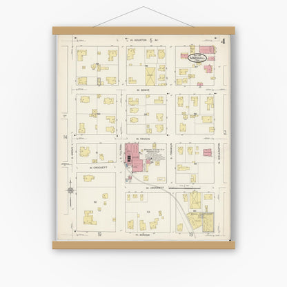 Old map wall art mockup — magnetic wood frame on white wall — Sanborn Fire Insurance Map from Marshall, Harrison County, Texas (1915), Sheet #0004