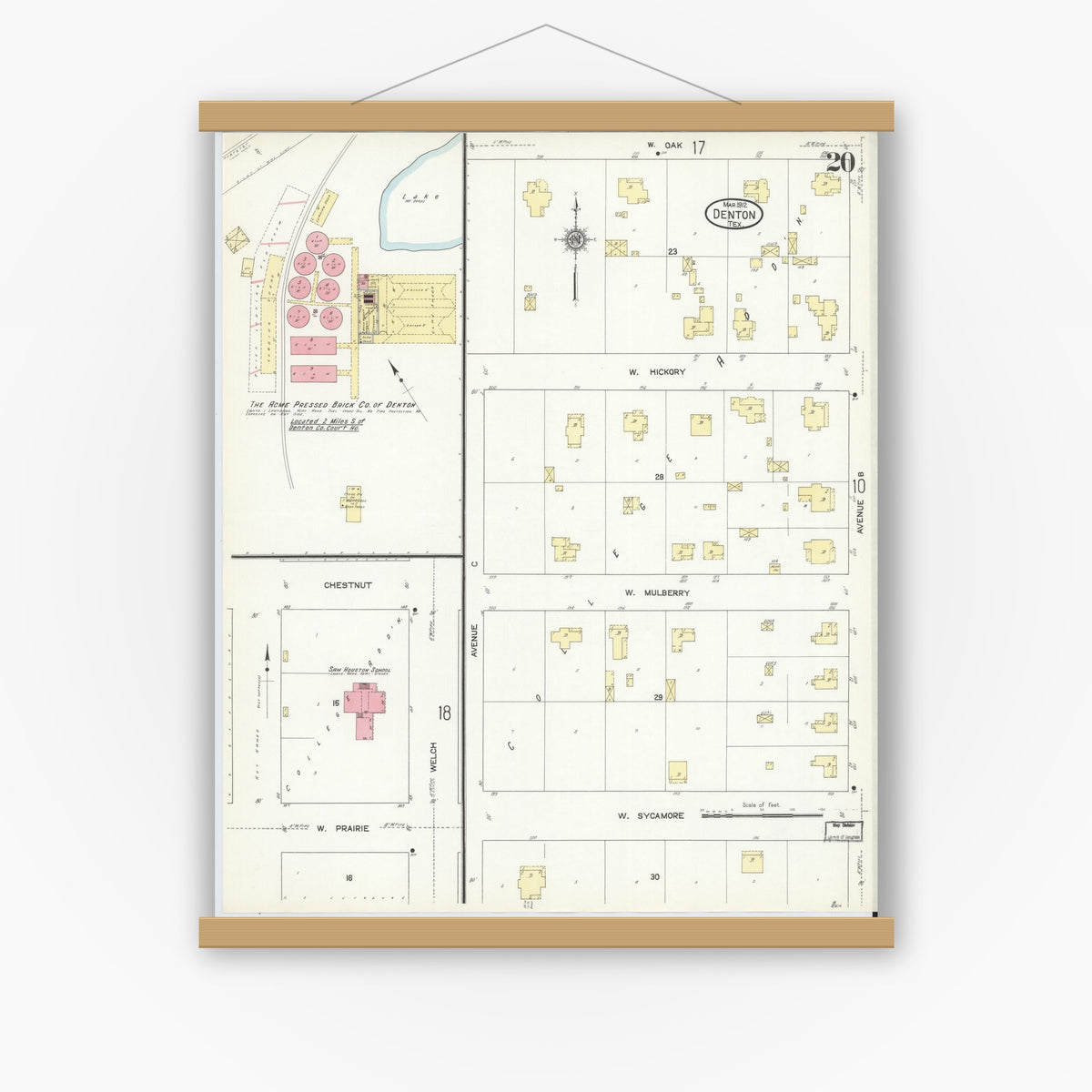 Old map wall art mockup — magnetic wood frame on white wall — Sanborn Fire Insurance Map from Denton, Denton County, Texas (1912), Sheet #0020