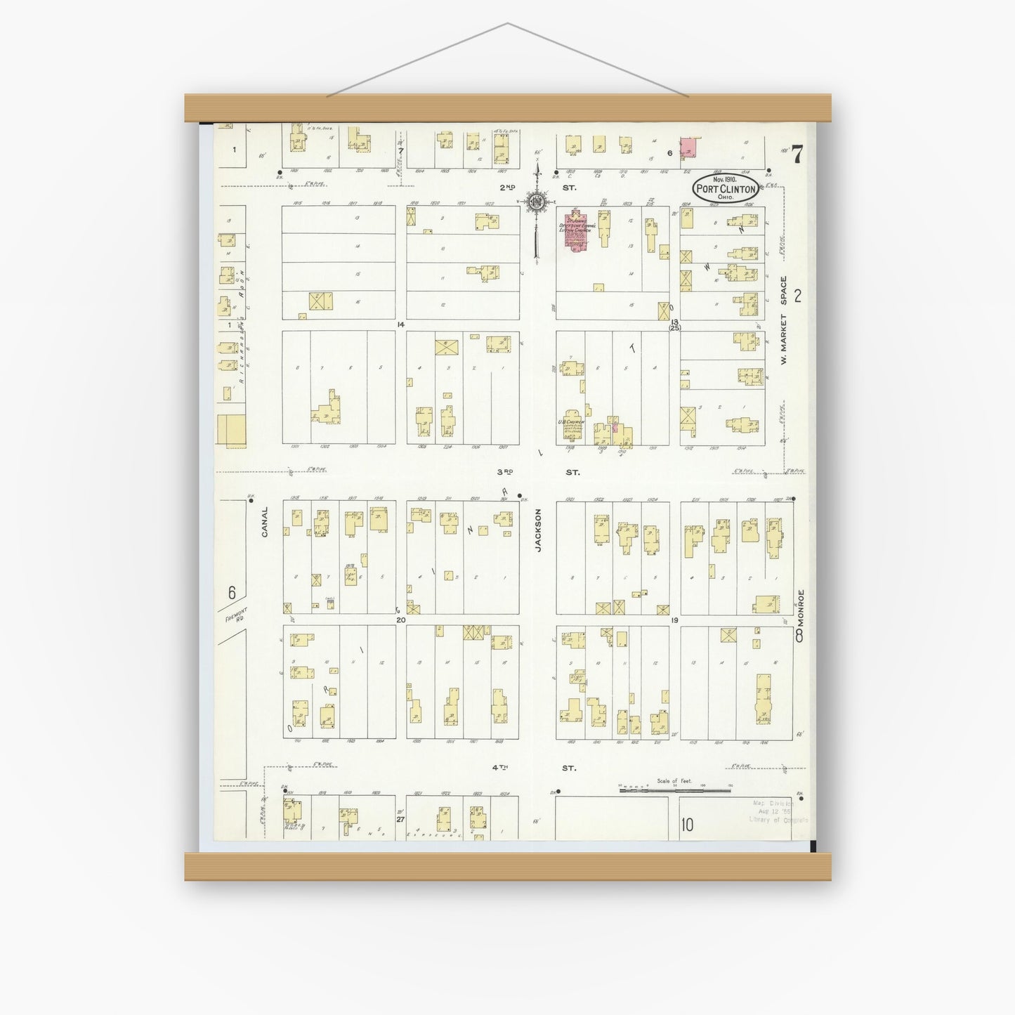 Old map wall art mockup — magnetic wood frame on white wall — Sanborn Fire Insurance Map from Port Clinton, Ottawa County, Ohio (1910), Sheet #0007