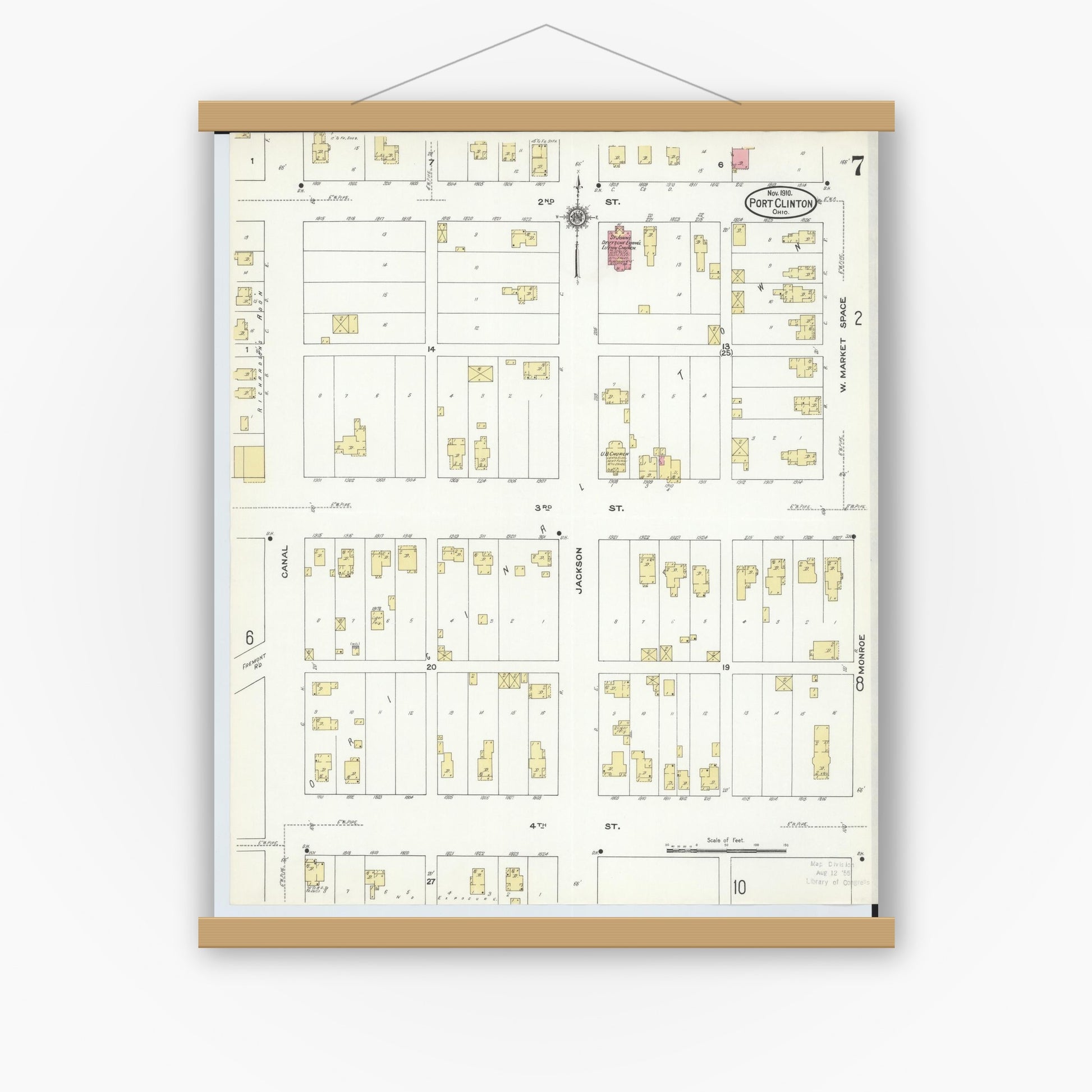 Old map wall art mockup — magnetic wood frame on white wall — Sanborn Fire Insurance Map from Port Clinton, Ottawa County, Ohio (1910), Sheet #0007