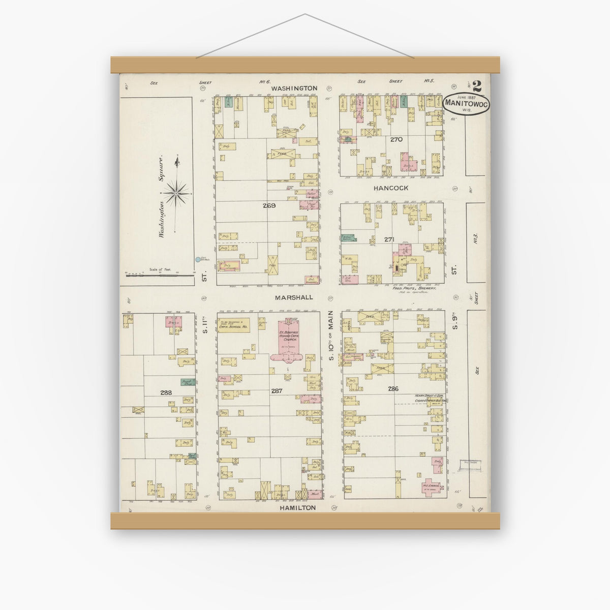 Old map wall art mockup — magnetic wood frame on white wall — Sanborn Fire Insurance Map from Manitowoc, Manitowoc County, Wisconsin (1887), Sheet #0002