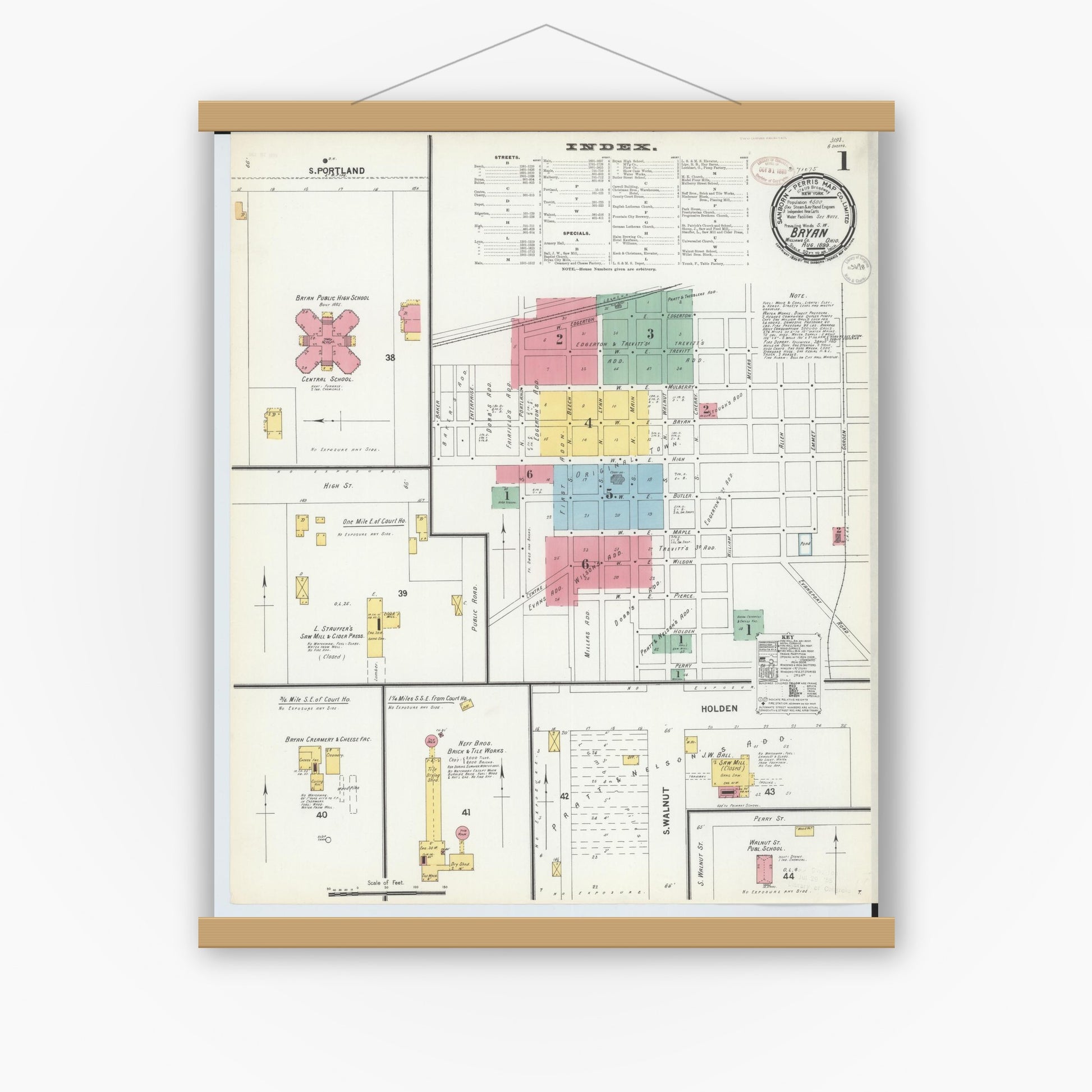 Old map wall art mockup — magnetic wood frame on white wall — Sanborn Fire Insurance Map from Bryan, Williams County, Ohio (1899) - Complete Map Set