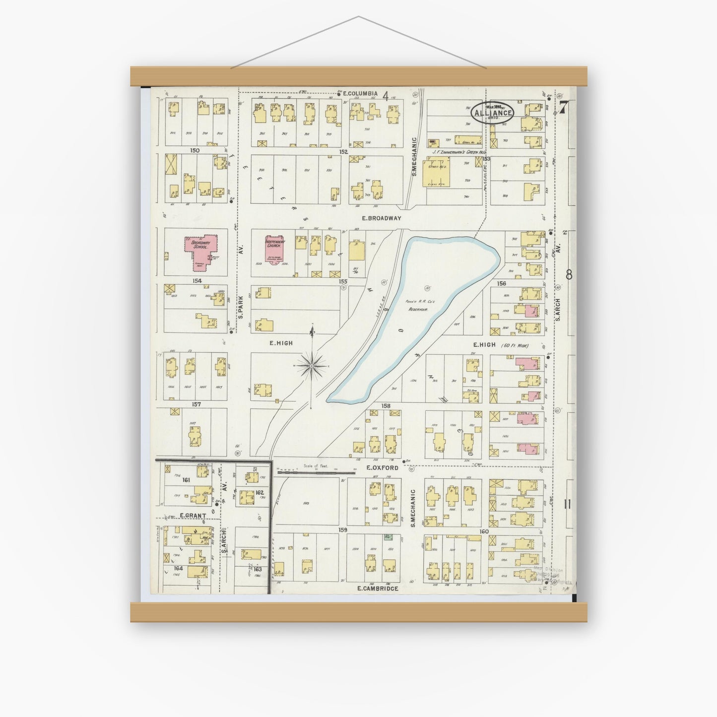 Old map wall art mockup — magnetic wood frame on white wall — Sanborn Fire Insurance Map from Alliance, Stark County, Ohio (1898), Sheet #0007