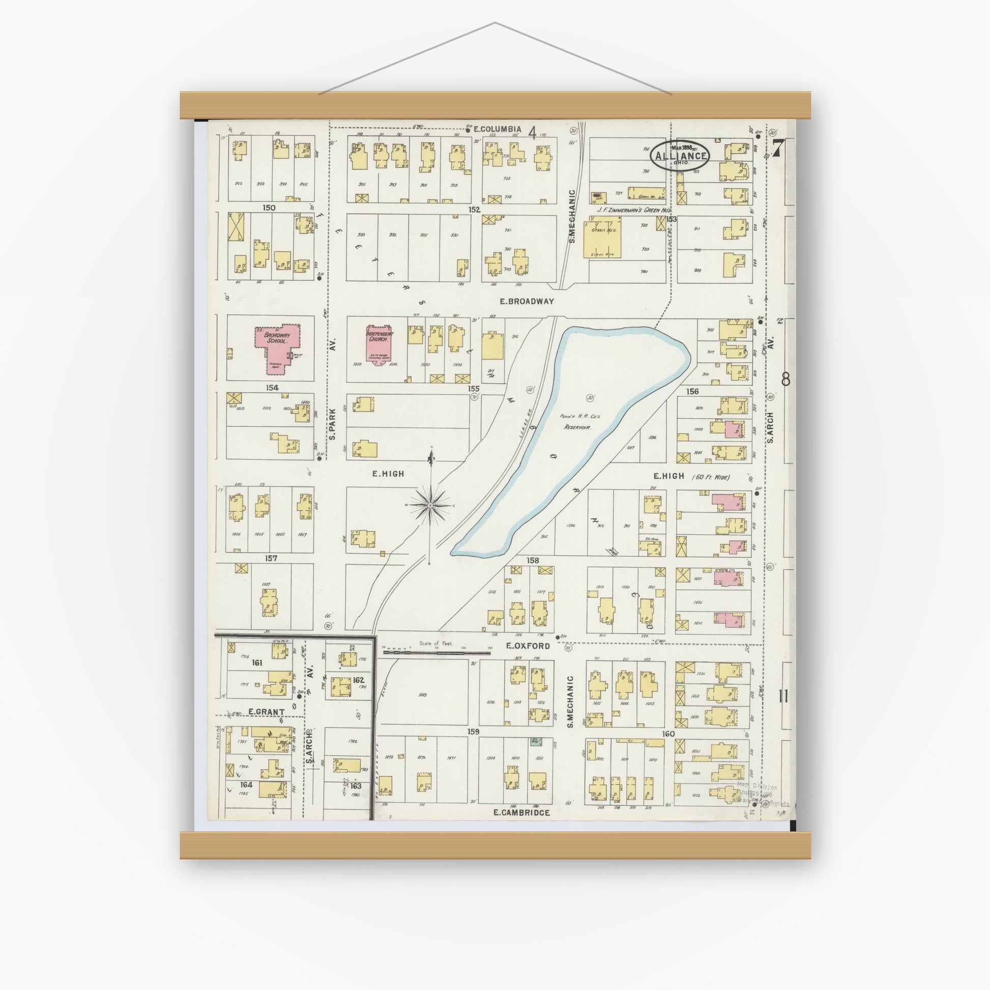 Old map wall art mockup — magnetic wood frame on white wall — Sanborn Fire Insurance Map from Alliance, Stark County, Ohio (1898), Sheet #0007
