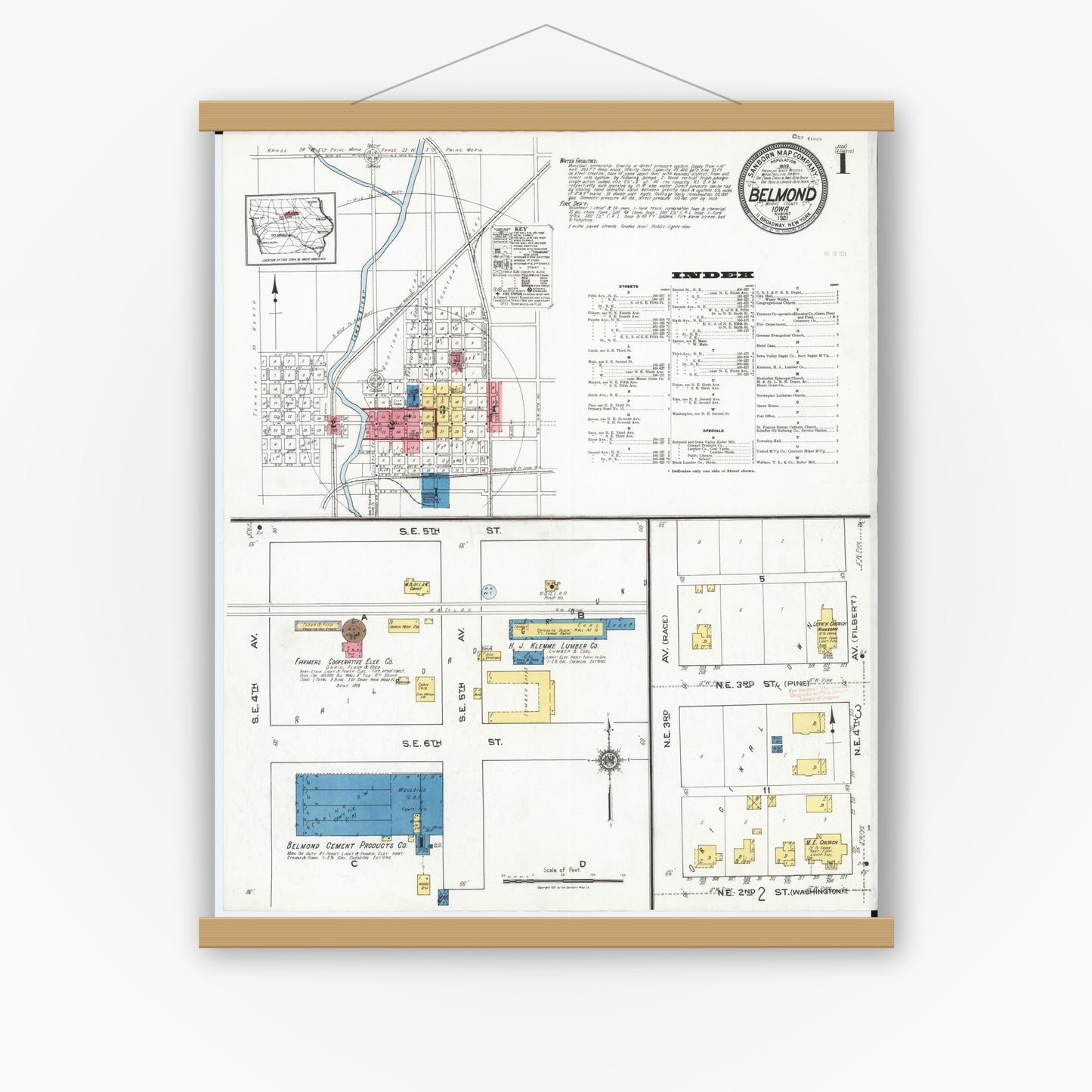 Old map wall art mockup — magnetic wood frame on white wall — Sanborn Fire Insurance Map from Belmond, Wright County, Iowa (1921), Sheet #0001