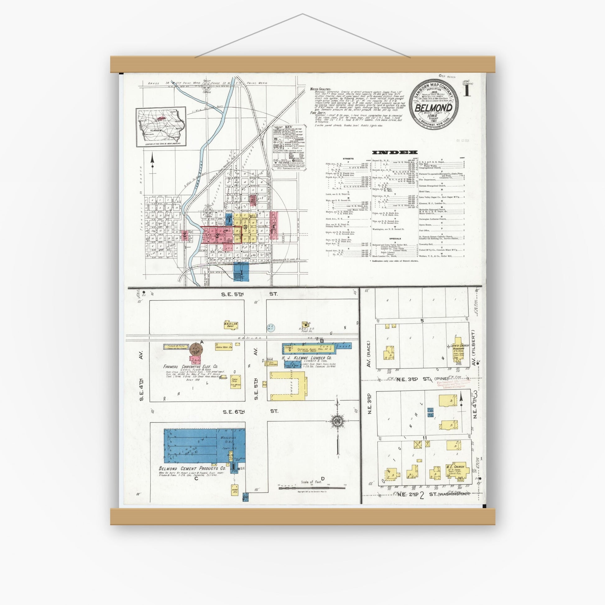 Old map wall art mockup — magnetic wood frame on white wall — Sanborn Fire Insurance Map from Belmond, Wright County, Iowa (1921), Sheet #0001