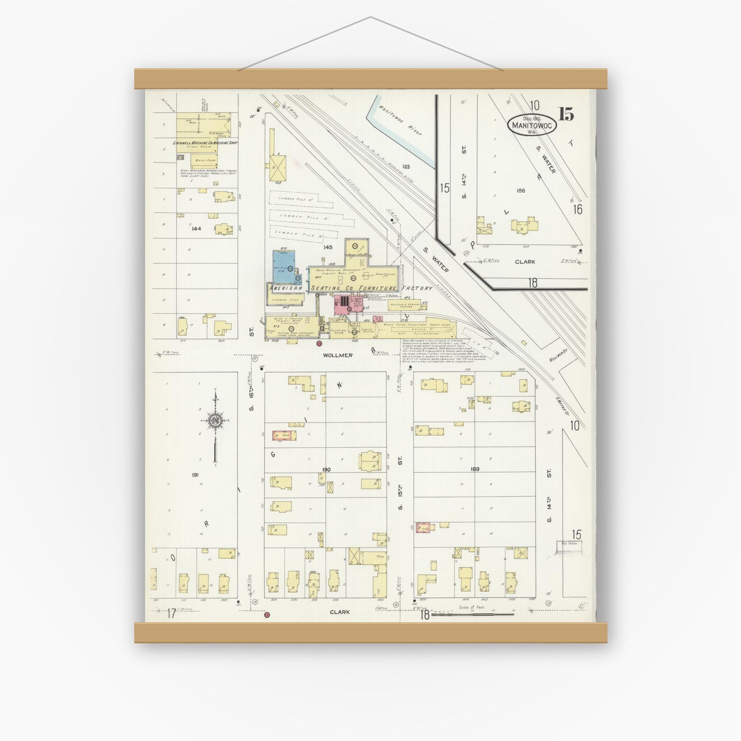 Old map wall art mockup — magnetic wood frame on white wall — Sanborn Fire Insurance Map from Manitowoc, Manitowoc County, Wisconsin (1912), Sheet #0015