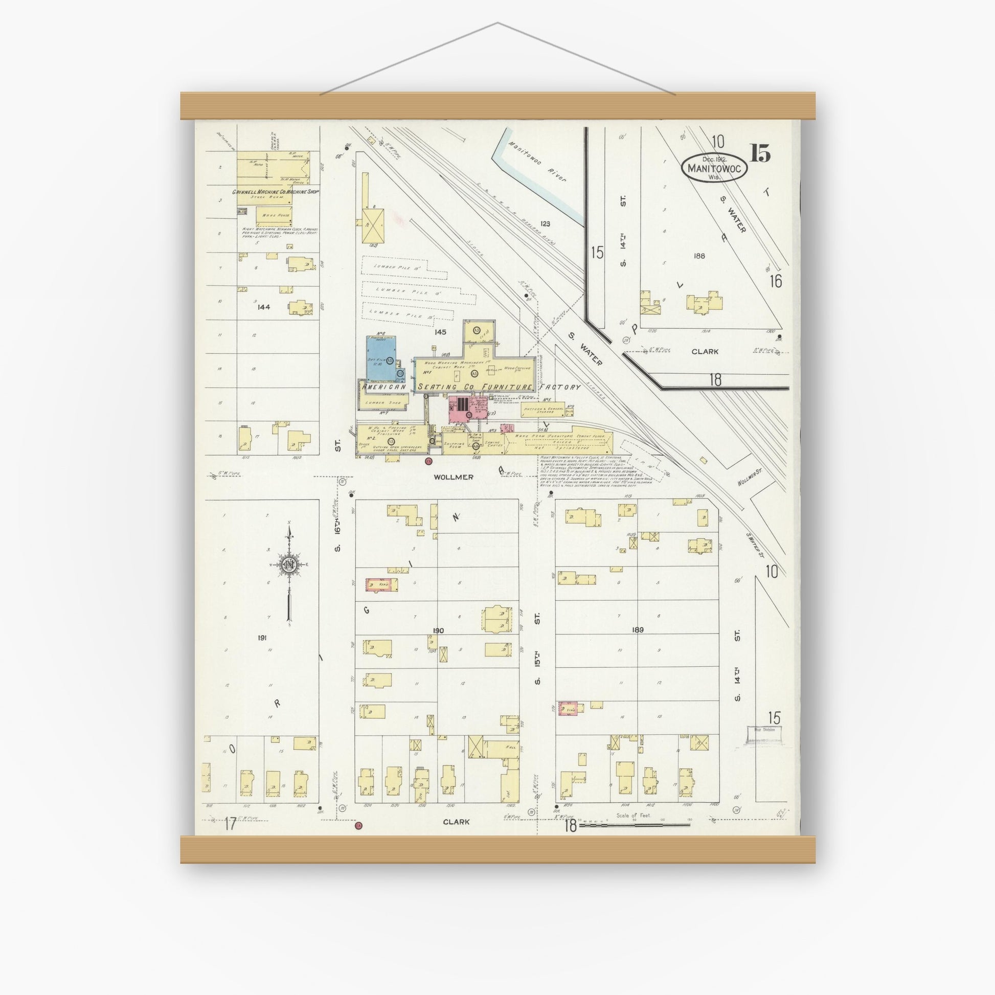 Old map wall art mockup — magnetic wood frame on white wall — Sanborn Fire Insurance Map from Manitowoc, Manitowoc County, Wisconsin (1912), Sheet #0015
