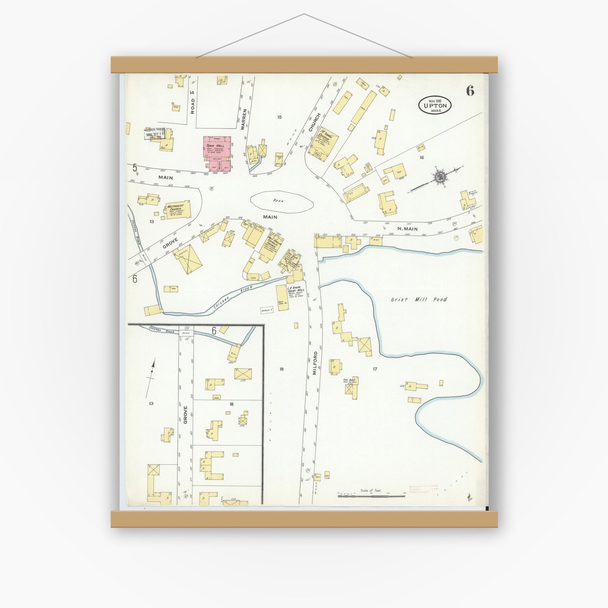 Old map wall art mockup — magnetic wood frame on white wall — Sanborn Fire Insurance Map from Upton, Worcester County, Massachusetts (1910), Sheet #0006