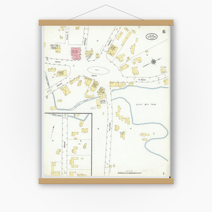 Old map wall art mockup — magnetic wood frame on white wall — Sanborn Fire Insurance Map from Upton, Worcester County, Massachusetts (1910), Sheet #0006