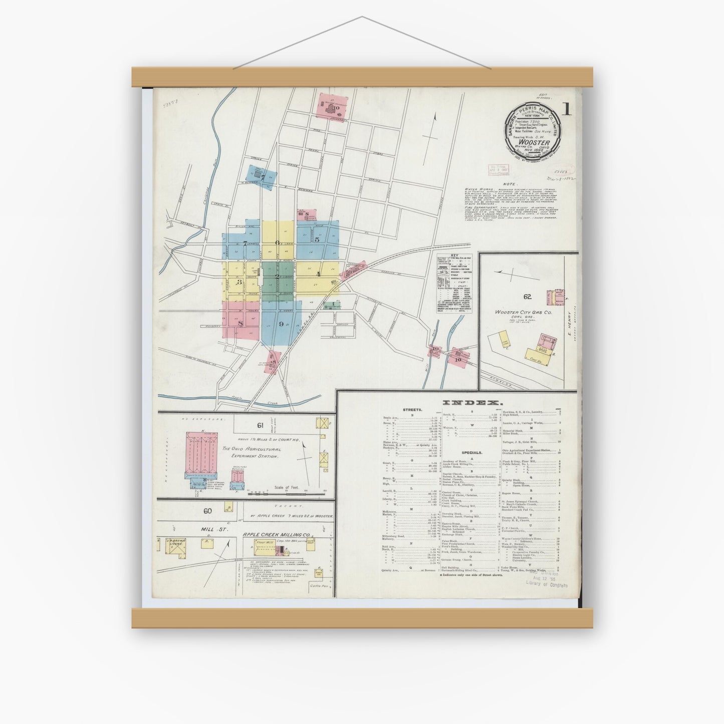 Old map wall art mockup — magnetic wood frame on white wall — Sanborn Fire Insurance Map from Wooster, Wayne County, Ohio (1892) - Complete Map Set