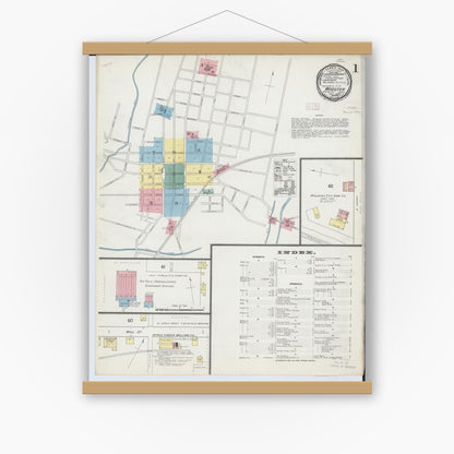 Old map wall art mockup — magnetic wood frame on white wall — Sanborn Fire Insurance Map from Wooster, Wayne County, Ohio (1892) - Complete Map Set
