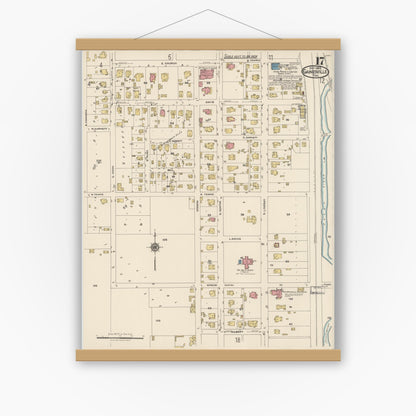 Old map wall art mockup — magnetic wood frame on white wall — Sanborn Fire Insurance Map from Gainesville, Cooke County, Texas (1922), Sheet #0017