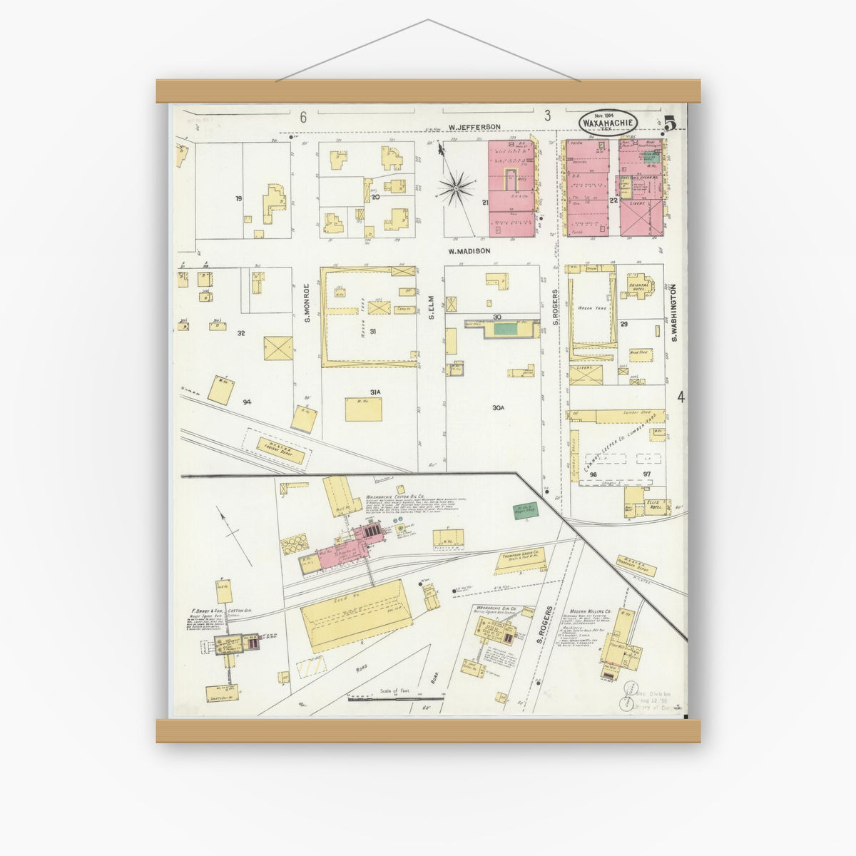 Old map wall art mockup — magnetic wood frame on white wall — Sanborn Fire Insurance Map from Waxahachie, Ellis County, Texas (1904), Sheet #0005
