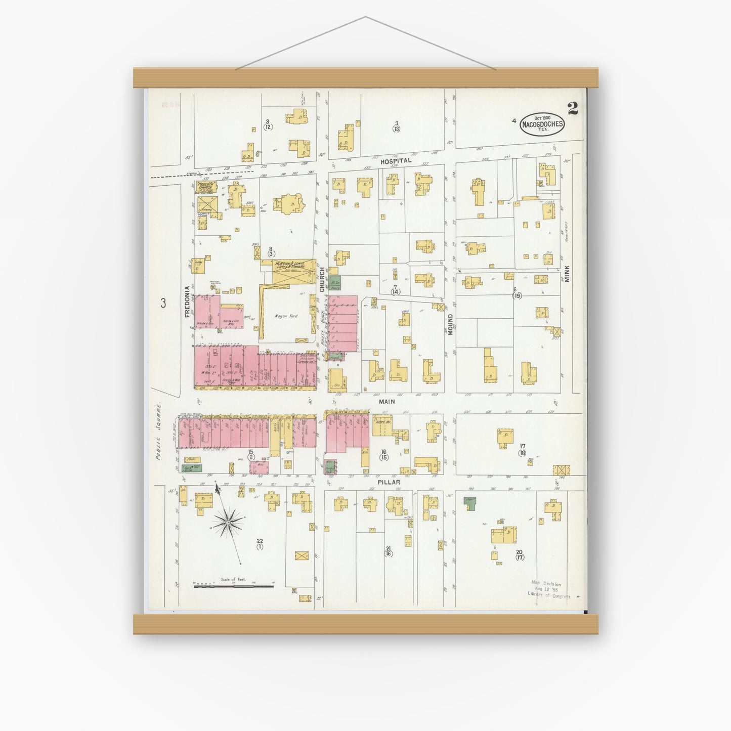 Old map wall art mockup — magnetic wood frame on white wall — Sanborn Fire Insurance Map from Nacogdoches, Nacogdoches County, Texas (1900), Sheet #0002
