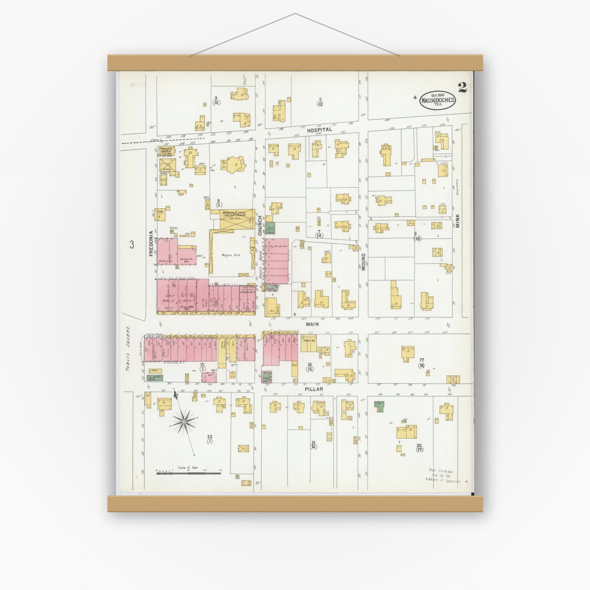 Old map wall art mockup — magnetic wood frame on white wall — Sanborn Fire Insurance Map from Nacogdoches, Nacogdoches County, Texas (1900), Sheet #0002