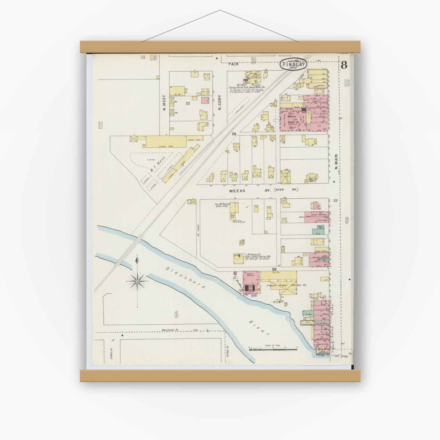 Old map wall art mockup — magnetic wood frame on white wall — Sanborn Fire Insurance Map from Findlay, Hancock County, Ohio (1895), Sheet #0008