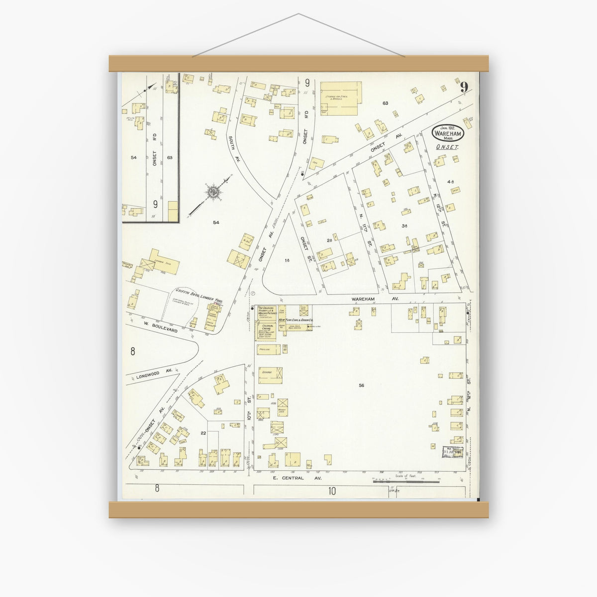 Old map wall art mockup — magnetic wood frame on white wall — Sanborn Fire Insurance Map from Wareham, Plymouth County, Massachusetts (1912), Sheet #0009