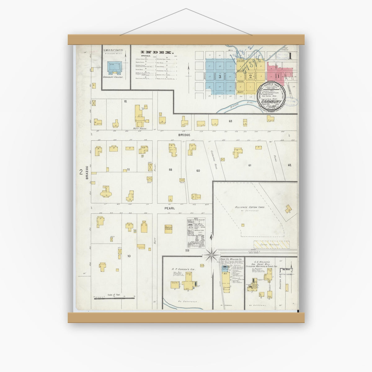 Old map wall art mockup — magnetic wood frame on white wall — Sanborn Fire Insurance Map from Granbury, Hood County, Texas (1898) - Complete Map Set