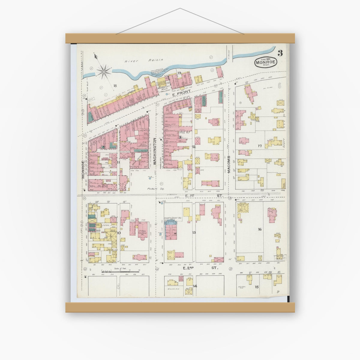 Old map wall art mockup — magnetic wood frame on white wall — Sanborn Fire Insurance Map from Monroe, Monroe County, Michigan (1893), Sheet #0003