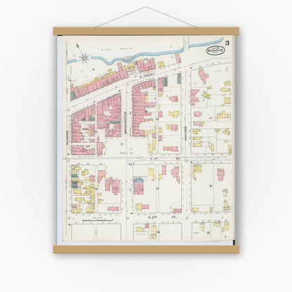 Old map wall art mockup — magnetic wood frame on white wall — Sanborn Fire Insurance Map from Monroe, Monroe County, Michigan (1893), Sheet #0003