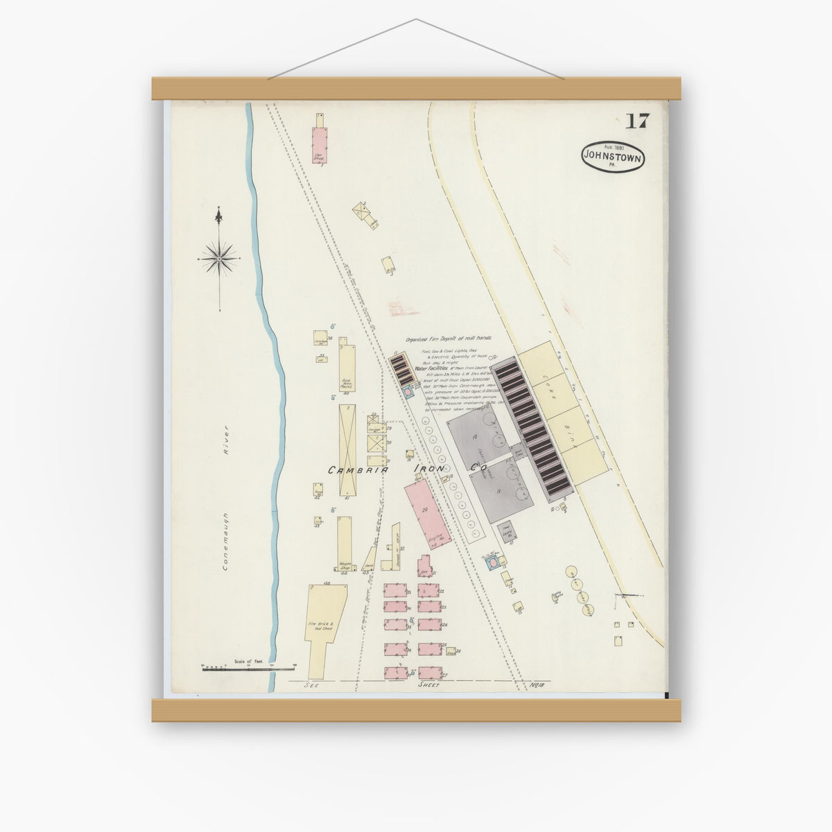 Old map wall art mockup — magnetic wood frame on white wall — Sanborn Fire Insurance Map from Johnstown, Cambria County, Pennsylvania (1891), Sheet #0017