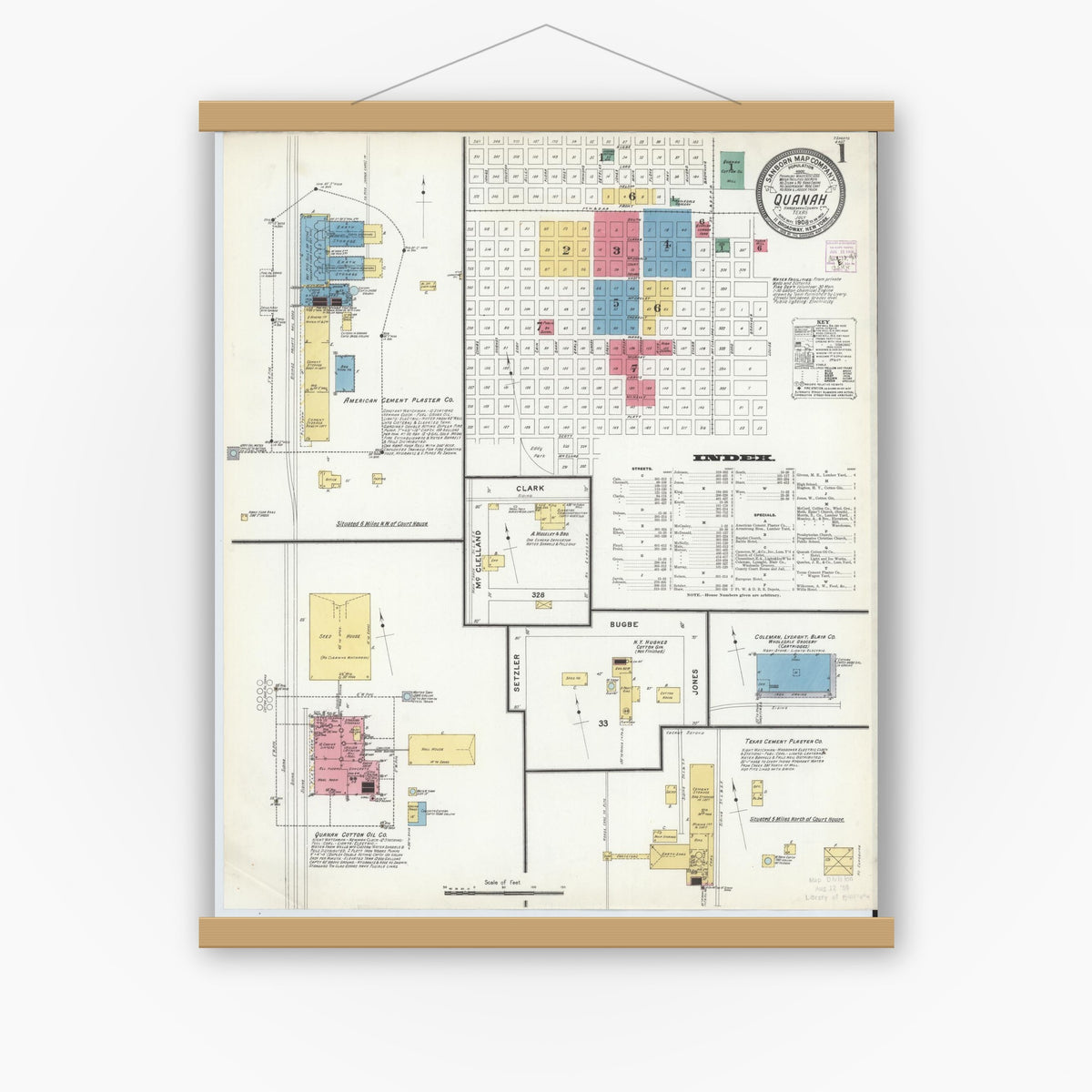 Old map wall art mockup — magnetic wood frame on white wall — Sanborn Fire Insurance Map from Quanah, Hardeman County, Texas (1908) - Complete Map Set