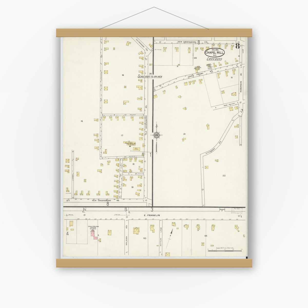 Old map wall art mockup — magnetic wood frame on white wall — Sanborn Fire Insurance Map from Chapel Hill, Orange County, North Carolina (1915), Sheet #0008