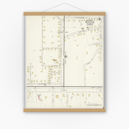 Old map wall art mockup — magnetic wood frame on white wall — Sanborn Fire Insurance Map from Chapel Hill, Orange County, North Carolina (1915), Sheet #0008