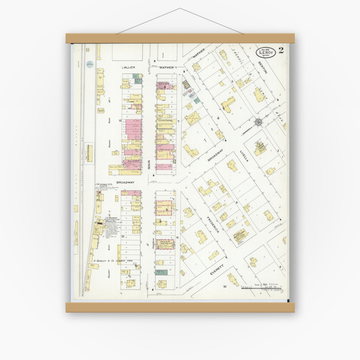 Old map wall art mockup — magnetic wood frame on white wall — Sanborn Fire Insurance Map from Le Roy, Mower County, Minnesota (1910), Sheet #0002
