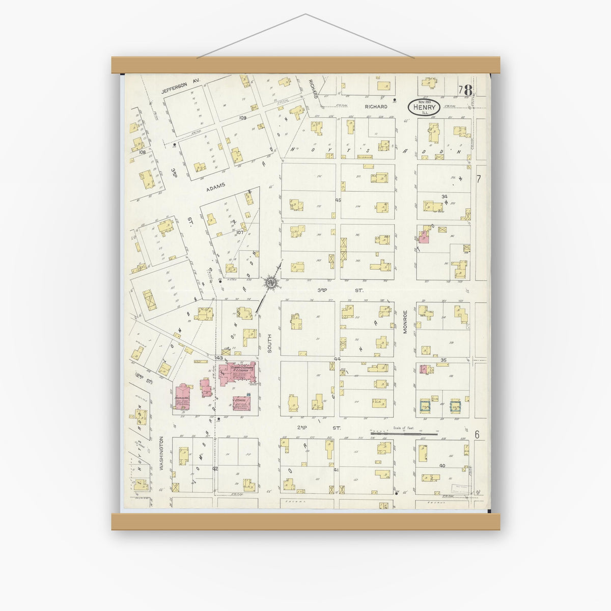 Old map wall art mockup — magnetic wood frame on white wall — Sanborn Fire Insurance Map from Henry, Marshall County, Illinois (1913), Sheet #0008