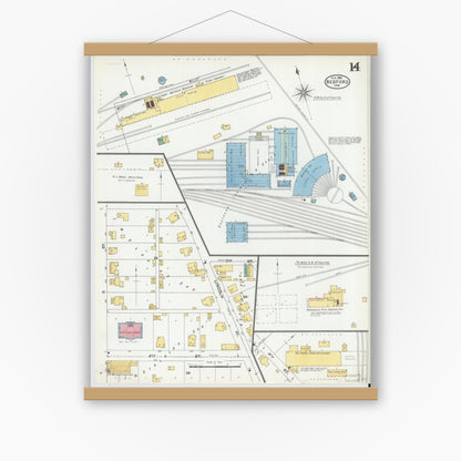 Old map wall art mockup — magnetic wood frame on white wall — Sanborn Fire Insurance Map from Bedford, Lawrence County, Indiana (1904), Sheet #0014