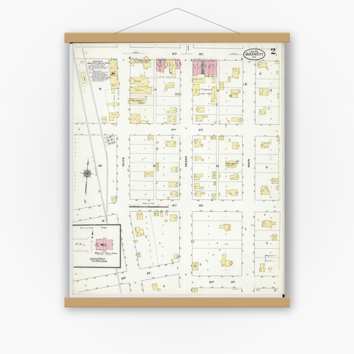 Old map wall art mockup — magnetic wood frame on white wall — Sanborn Fire Insurance Map from Queen City, Schuyler County, Missouri (1910), Sheet #0002