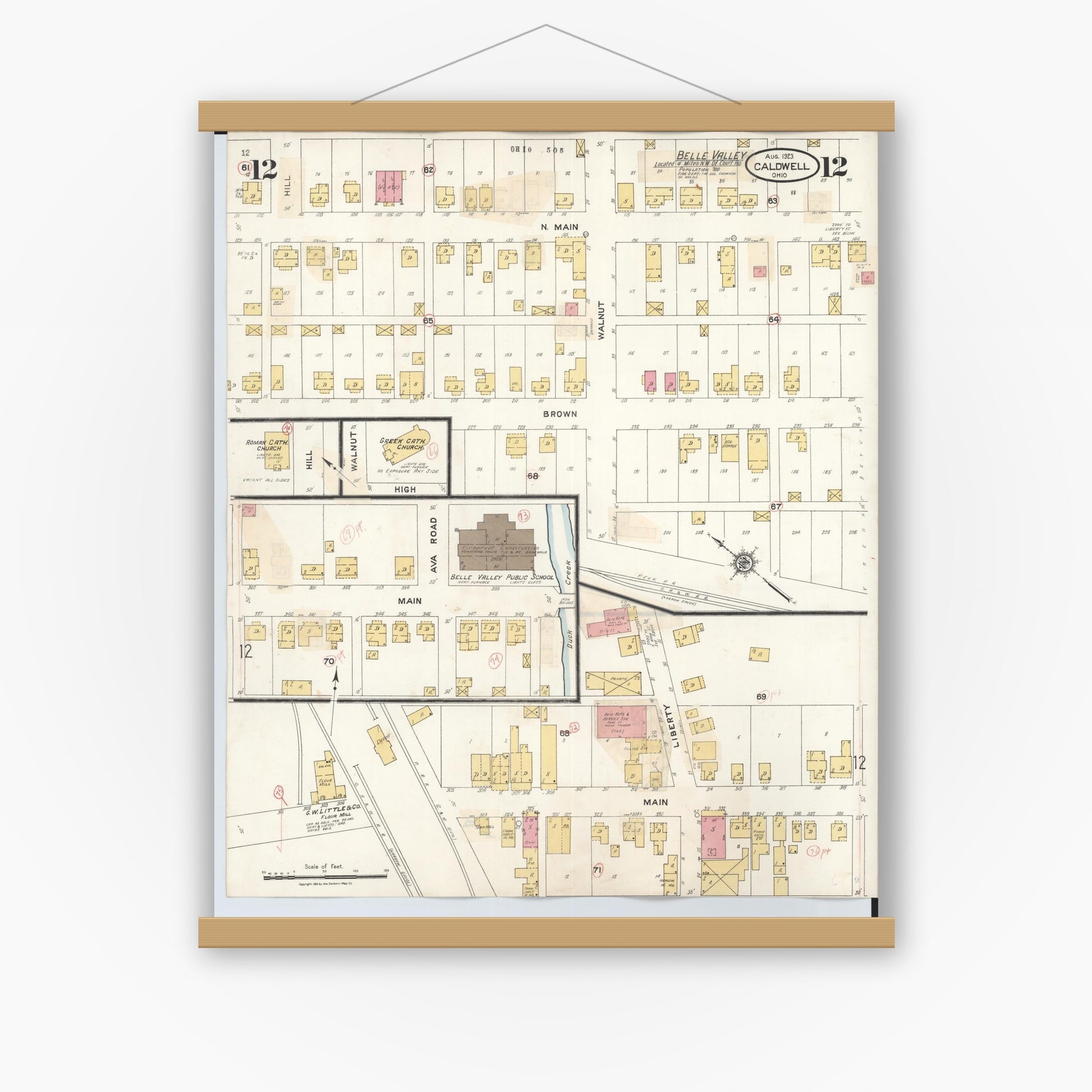 Old map wall art mockup — magnetic wood frame on white wall — Sanborn Fire Insurance Map from Caldwell, Noble County, Ohio (1932), Sheet #0012