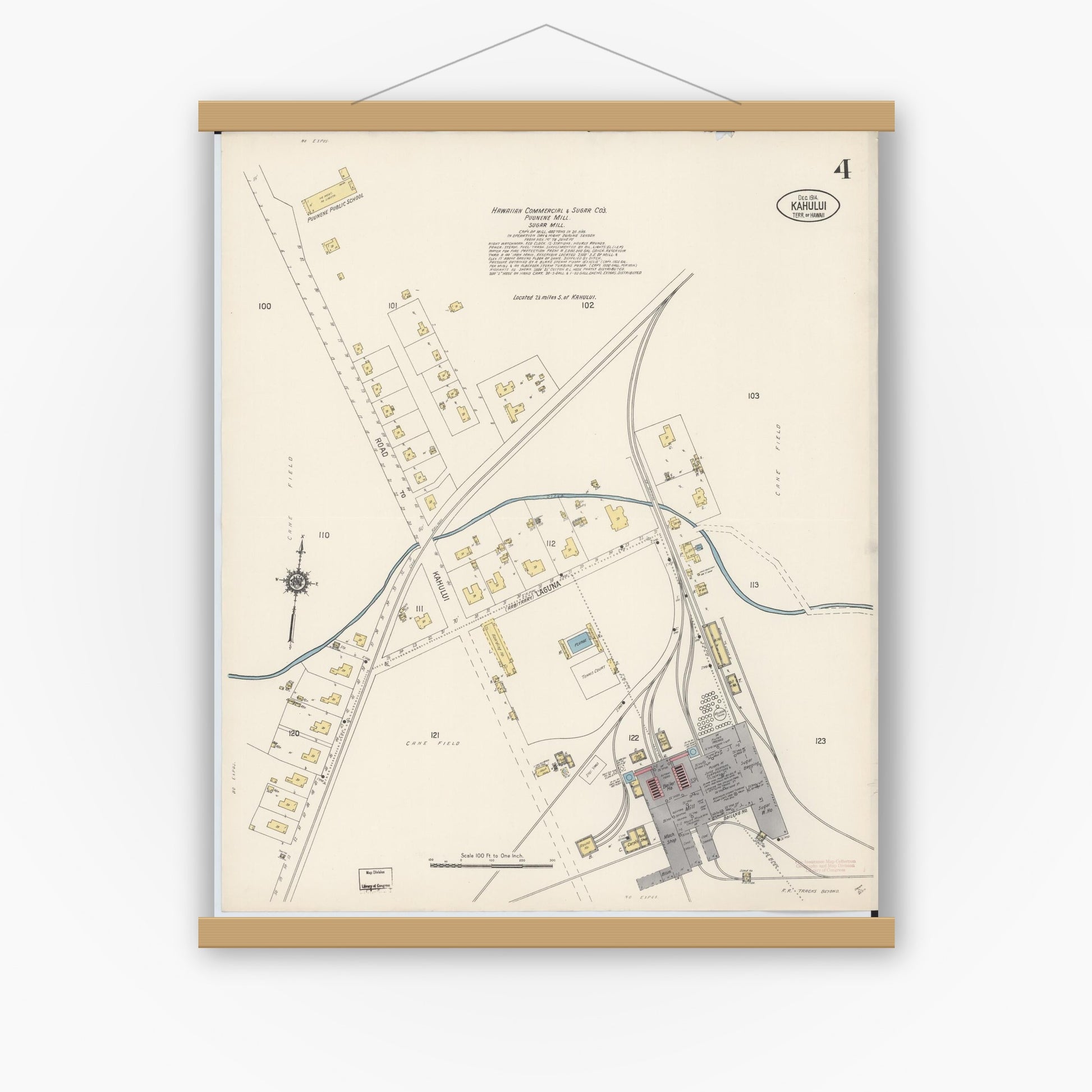 Old map wall art mockup — magnetic wood frame on white wall — Sanborn Fire Insurance Map from Kahului, Maui County, Hawaii (1914), Sheet #0004
