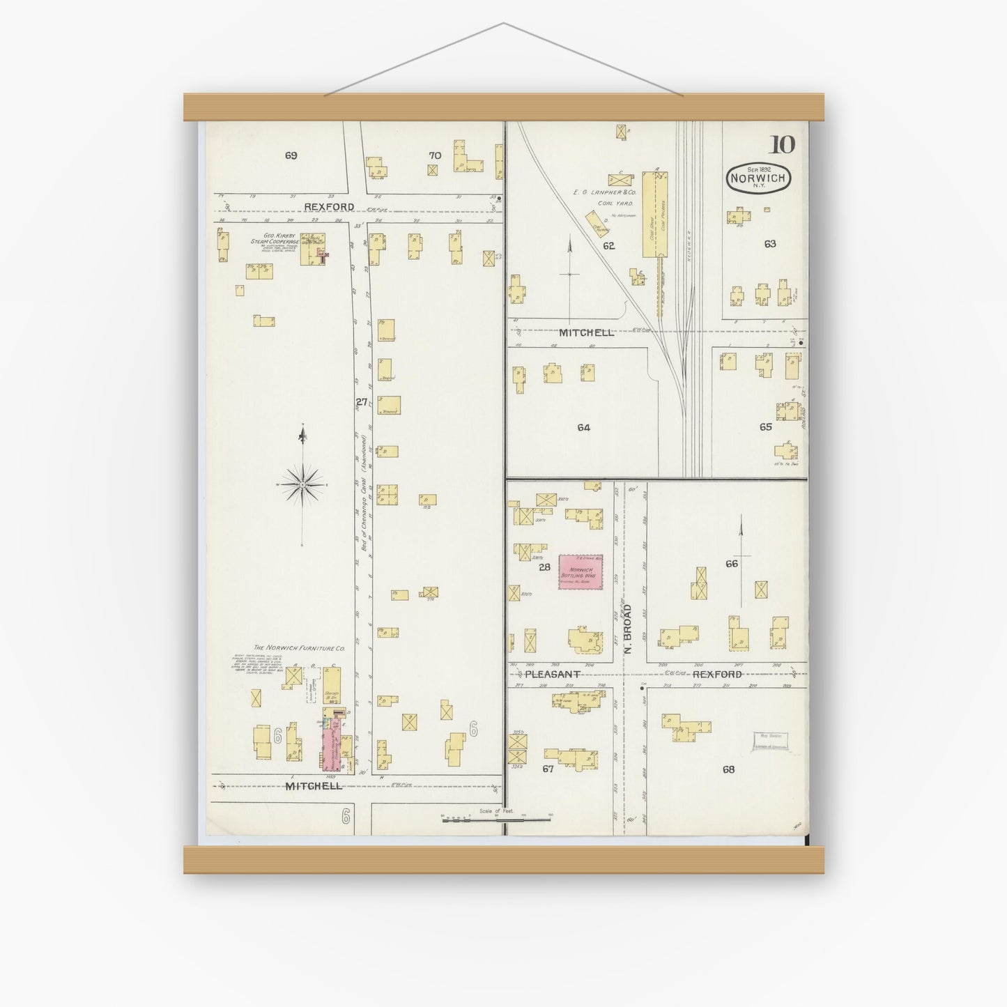 Old map wall art mockup — magnetic wood frame on white wall — Sanborn Fire Insurance Map from Norwich, Chenango County, New York (1892), Sheet #0010