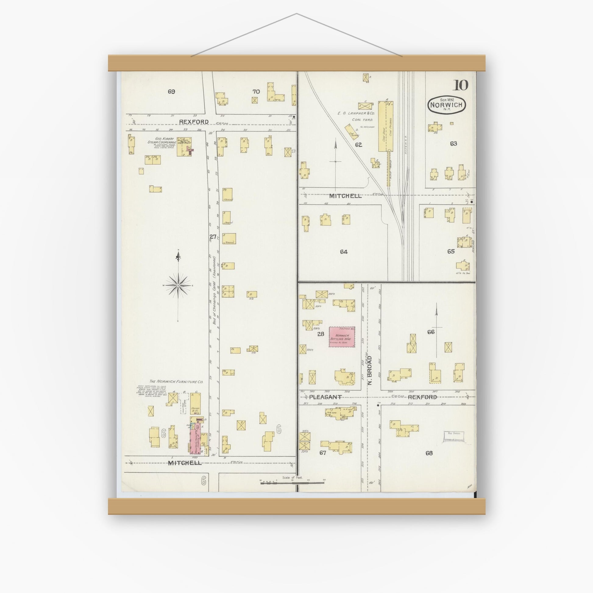 Old map wall art mockup — magnetic wood frame on white wall — Sanborn Fire Insurance Map from Norwich, Chenango County, New York (1892), Sheet #0010
