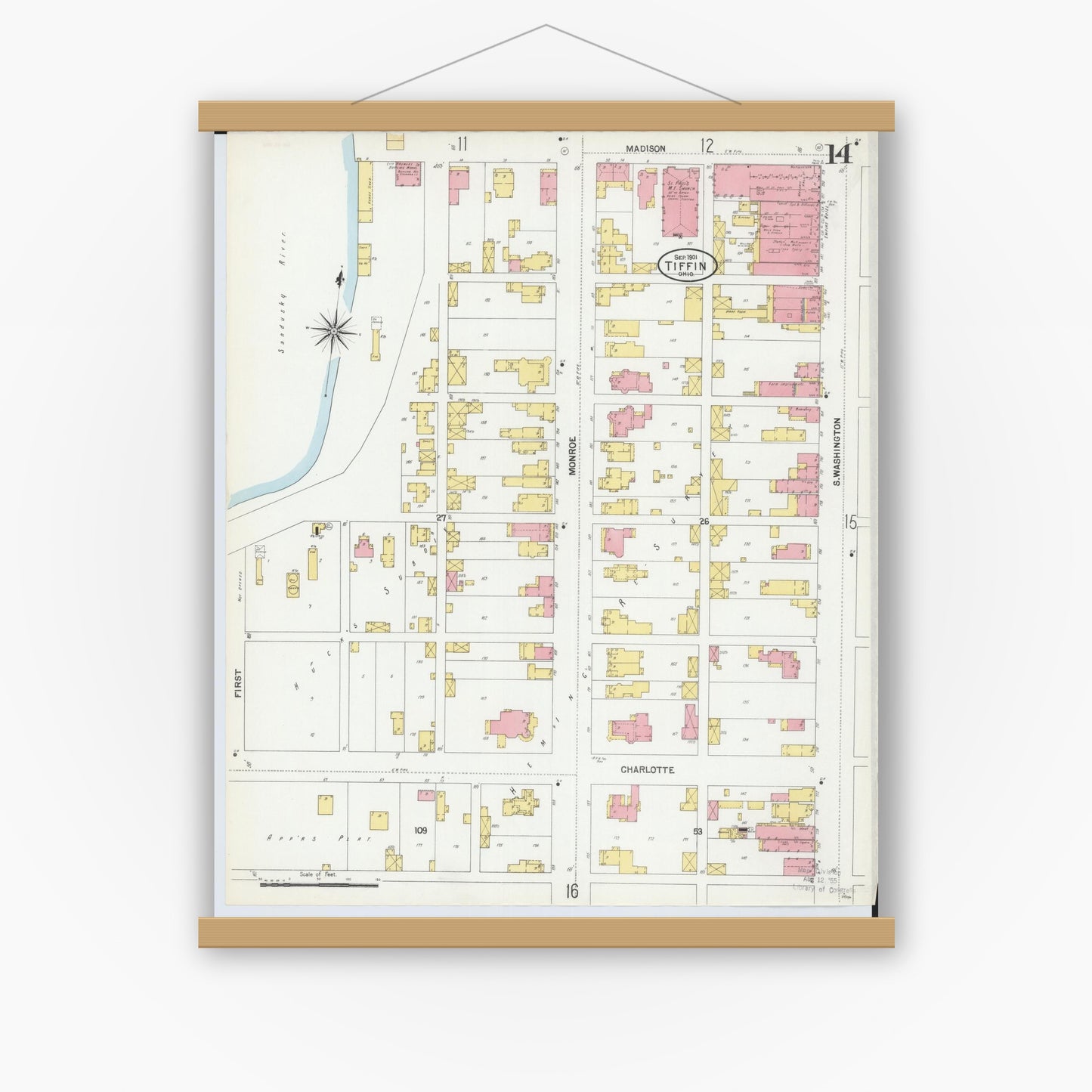 Old map wall art mockup — magnetic wood frame on white wall — Sanborn Fire Insurance Map from Tiffin, Seneca County, Ohio (1901), Sheet #0014