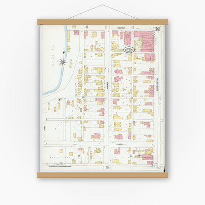 Old map wall art mockup — magnetic wood frame on white wall — Sanborn Fire Insurance Map from Tiffin, Seneca County, Ohio (1901), Sheet #0014